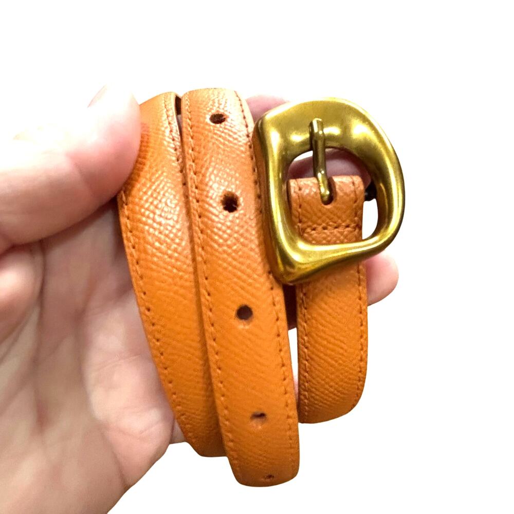 Ladies skinny belt light tan orange tone leather unique brassy gold buckle 36"